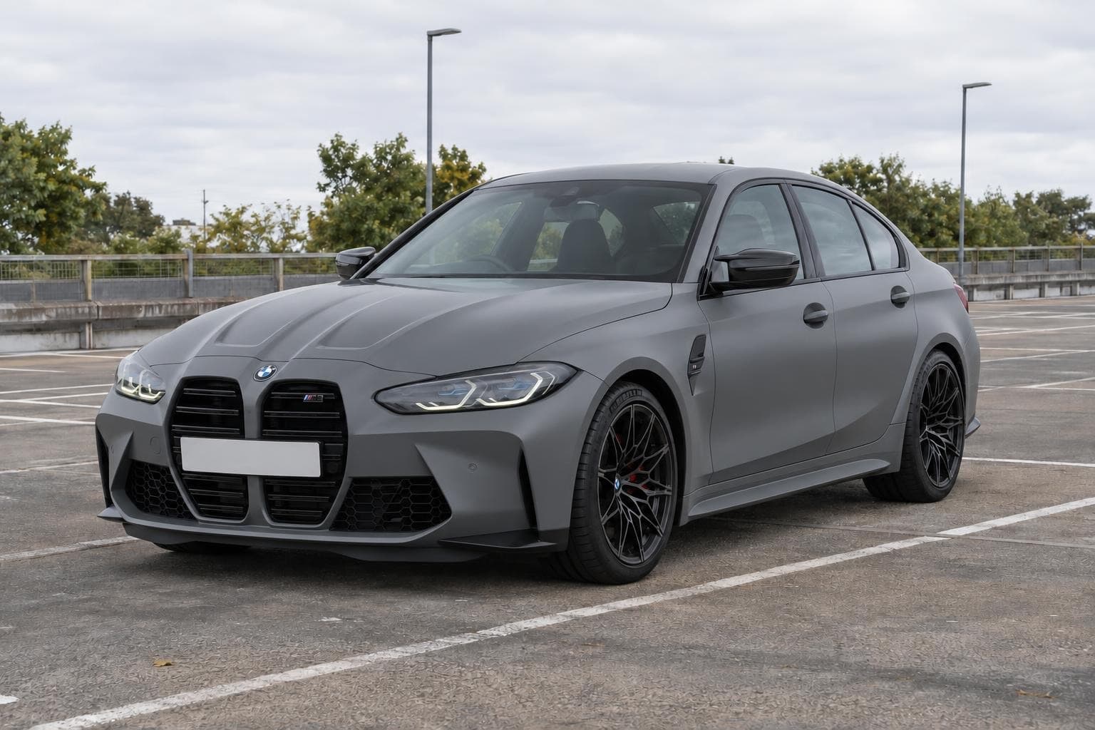 BMW M3 G80, stock and Nardo grey wrap, after