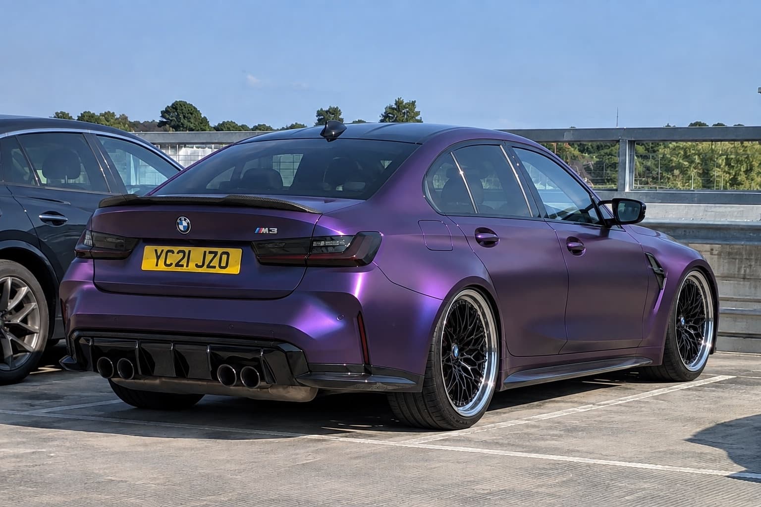 BMW M3 G80: chameleon wrap, dish wheels, lowered, after