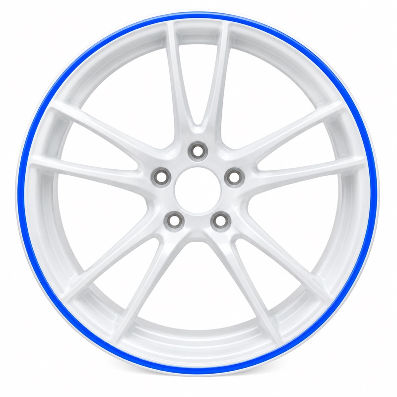 Reference photo of a white split-spoke wheel with a blue pinstripe